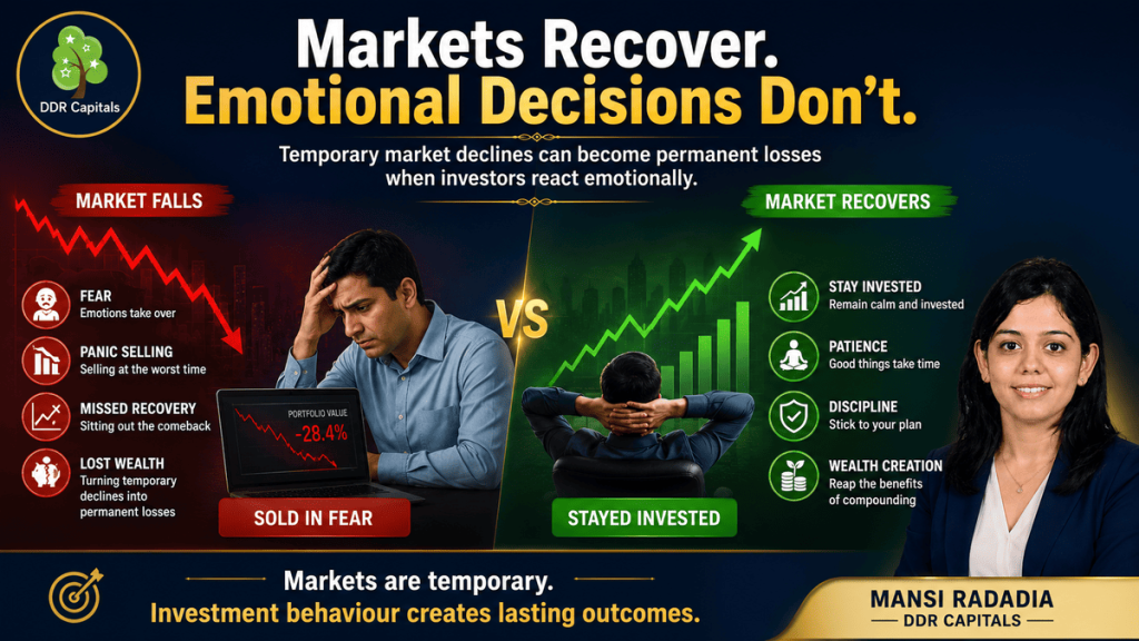 Investor reacting emotionally during a market decline while disciplined investors remain invested through recovery.