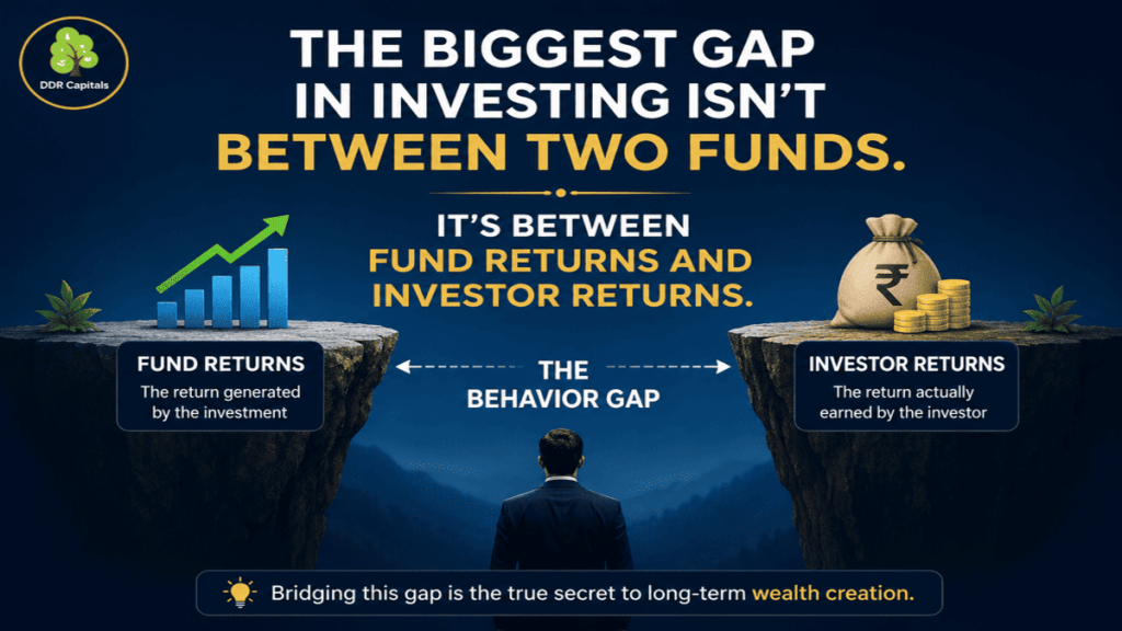 The Hidden Behavior Gap in Wealth Creation showing the difference between fund returns and investor returns through disciplined investing.