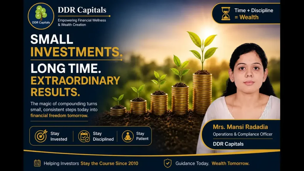 Small investments made consistently over long periods create extraordinary wealth through the power of compounding. Investor education image by DDR Capitals featuring Mrs. Mansi Radadia.