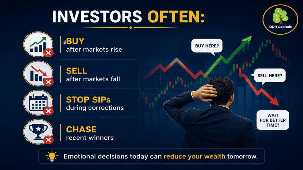Investors often buy after markets rise, sell after markets fall, stop SIPs during corrections, and chase recent winners, creating a behavior gap that reduces long-term wealth creation.