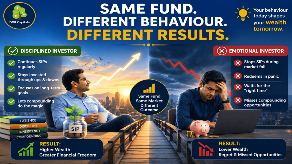Comparison of two investors in the same mutual fund showing how disciplined investing leads to higher long-term wealth while emotional decisions create lower investor returns despite investing in the same fund.