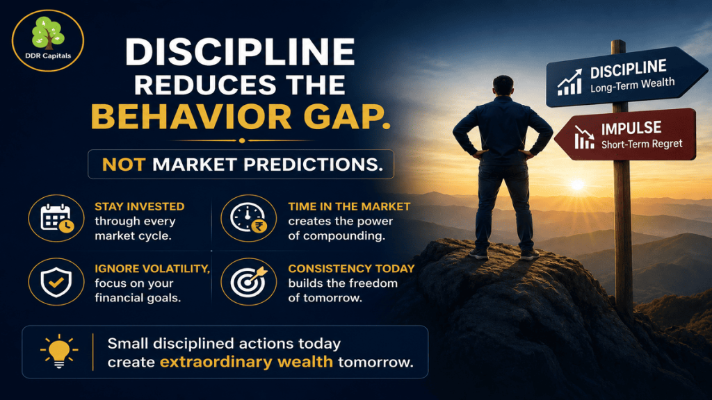 Disciplined investing reduces the behavior gap by encouraging investors to stay invested through market cycles, ignore short-term volatility, and focus on long-term financial goals instead of market predictions.