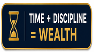 Time + Discipline = Wealth badge highlighting the importance of patience, disciplined investing and long-term wealth creation. DDR Capitals investor education visual.