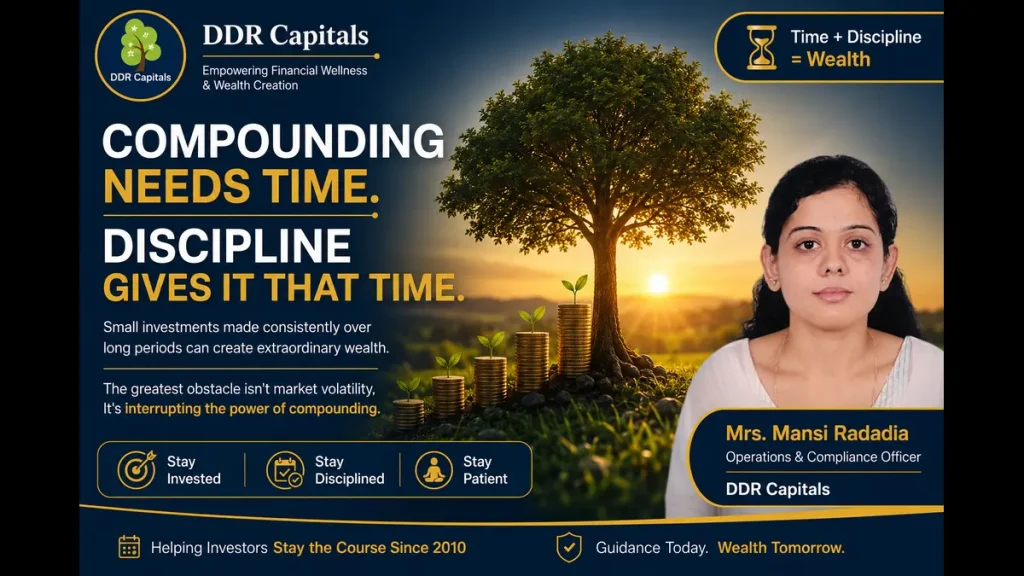 Compounding needs time and disciplined investing to build long-term wealth. Feature image for DDR Capitals investor education article by Mrs. Mansi Radadia.