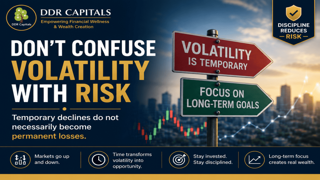 Emotional investment decisions are the real risk to long-term wealth creation. Investor education graphic showing that discipline, patience and staying invested help protect investors during periods of market volatility.
