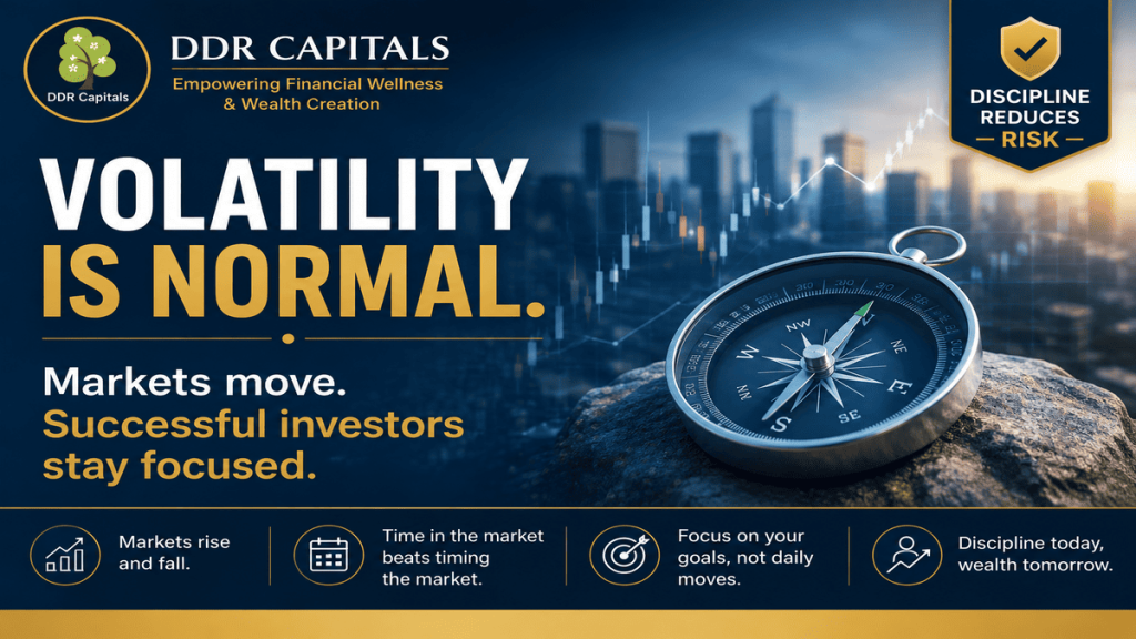 Market volatility is a normal part of investing. Investor education illustration showing that successful long-term investors stay focused on their financial goals despite temporary market fluctuations.