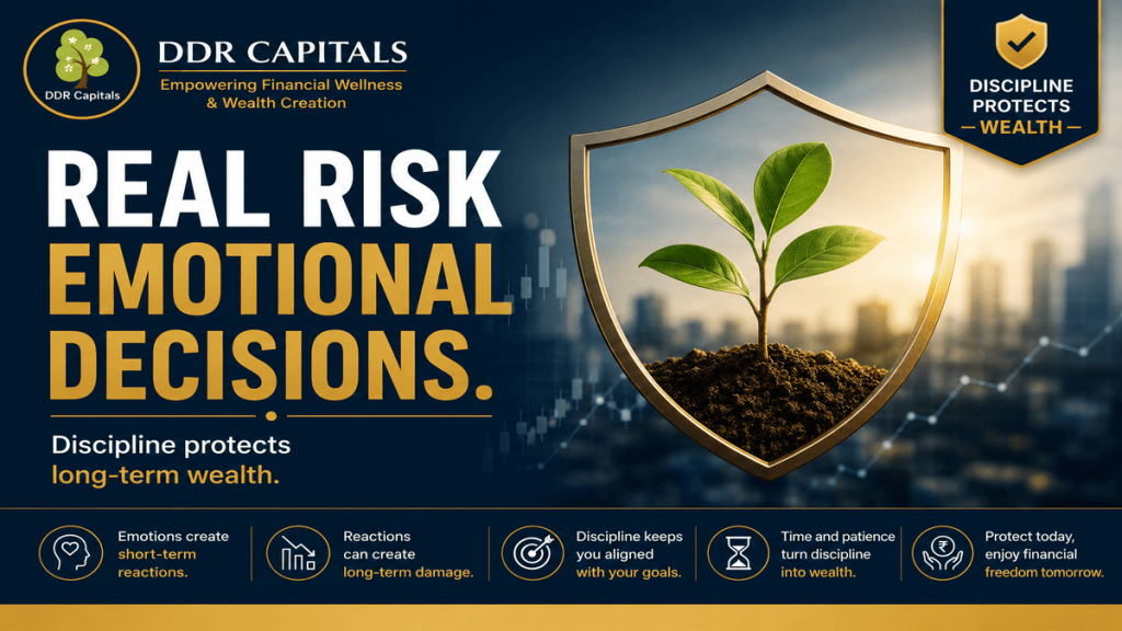 Do not confuse market volatility with real investment risk. Investor education graphic explaining that temporary market fluctuations are normal, while emotional investment decisions can lead to permanent financial losses and hinder long-term wealth creation.