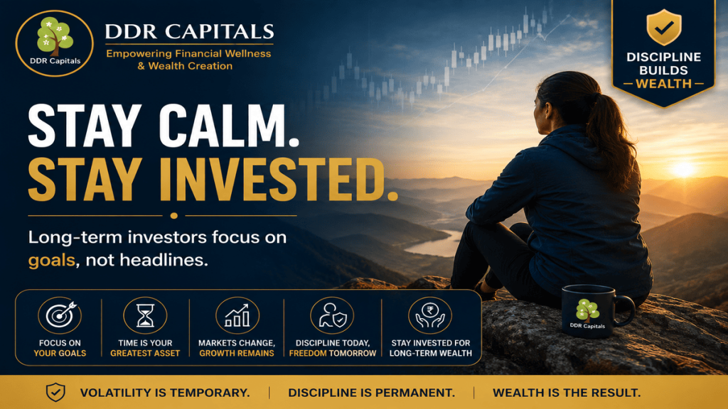 Stay calm and stay invested during periods of market volatility. Investor education image illustrating that disciplined long-term investing and focusing on financial goals help build lasting wealth despite temporary market fluctuations.